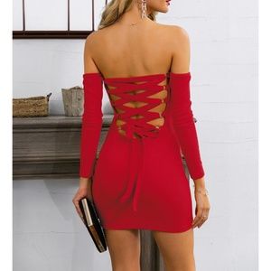 Red Strapless Lace Up Back Bodycon Sexy Mini Dress